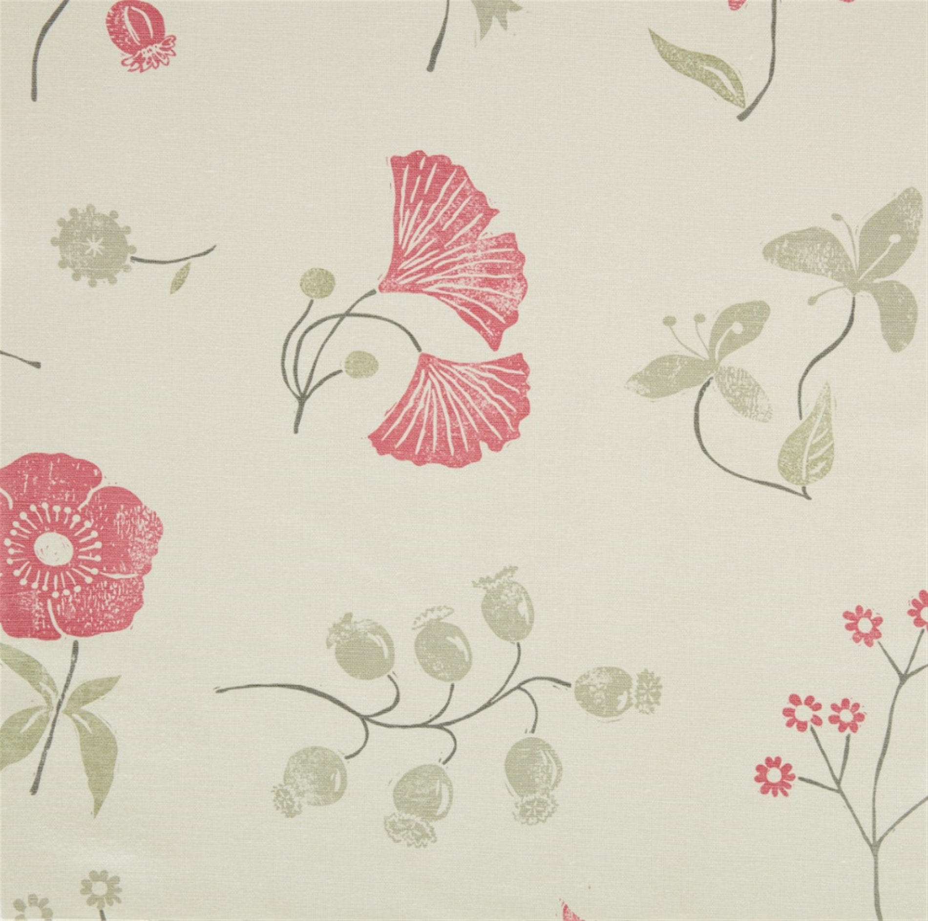 Herbaceous Border Detail - Soft Raspberry, Pigeon, Lettuce, Charcoal Fabric